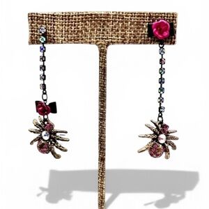 Vintage BETSEY JOHNSON Multi-Color Rhinestone Spider Drop Earrings EPOC